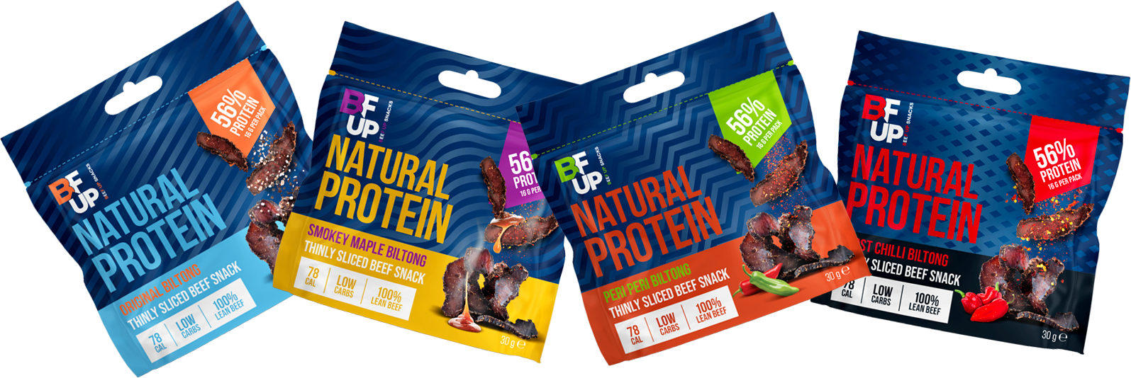 30g taster pack snack bags of Biltong in four bold biltong flavours, Original, Peri Peri, Smokey Maple and Ghost Chilli, manufactured by BFUP.