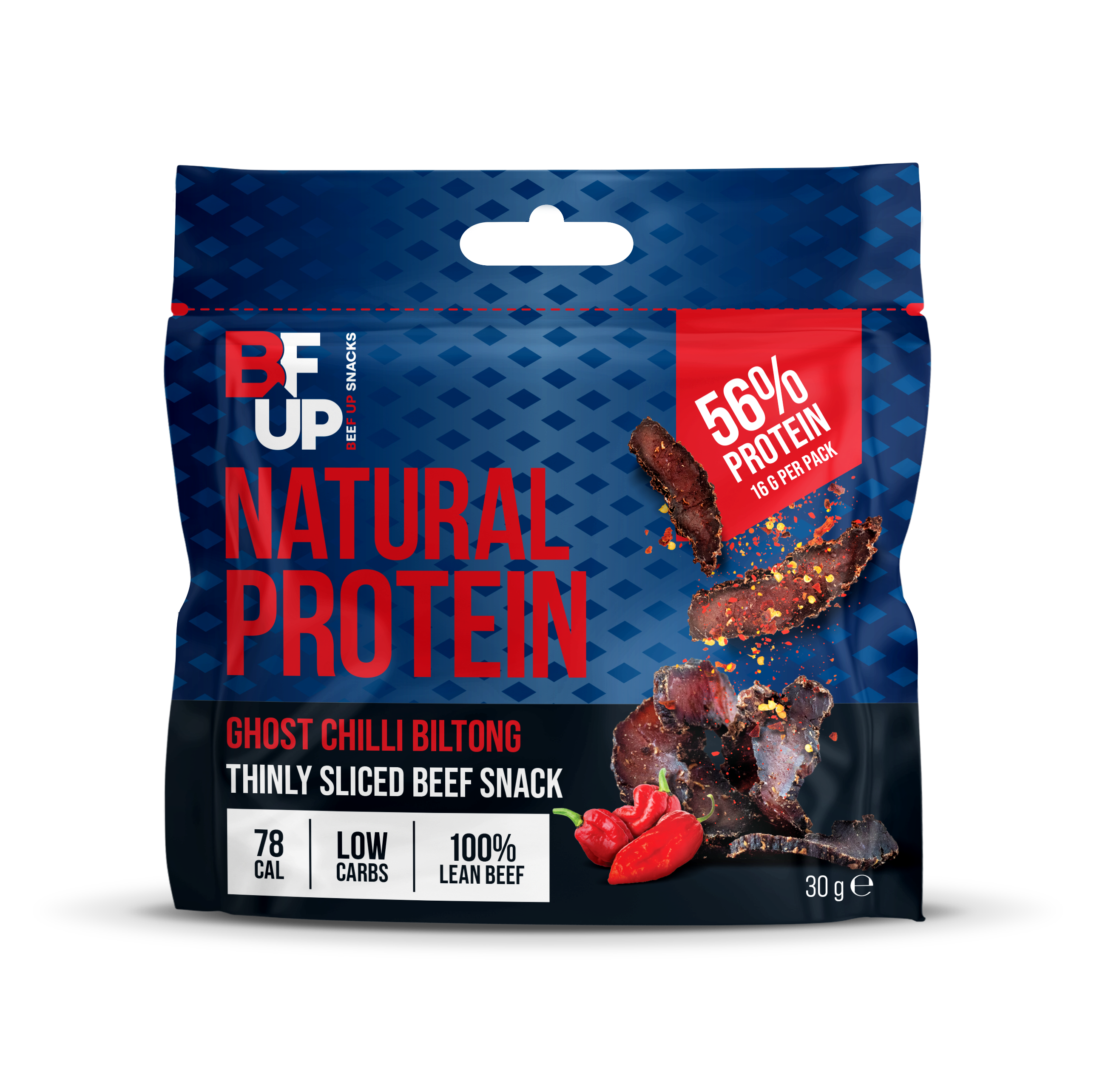 30g snack bag of Ghost Chilli flavoured biltong, manufactured by BFUP.