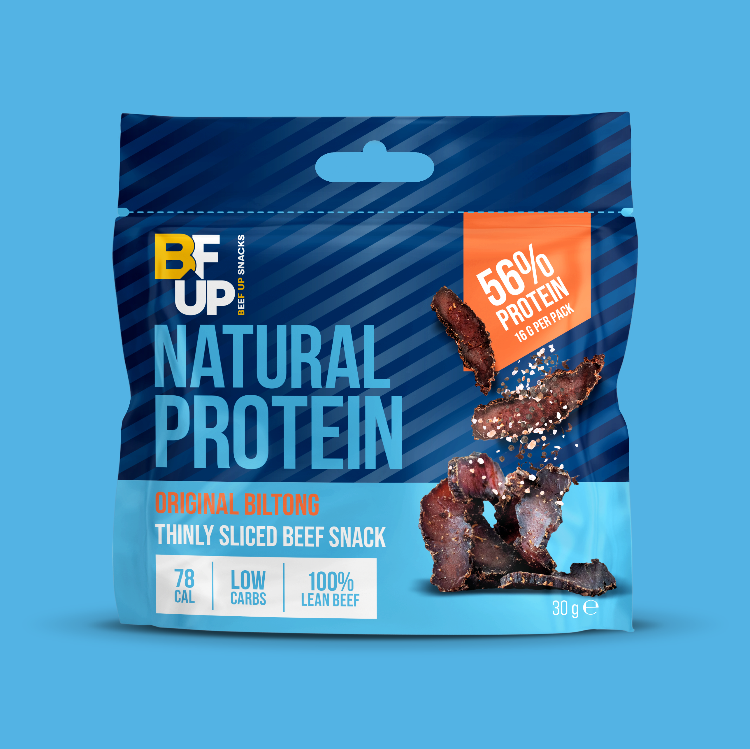 30g snack bag of Original flavoured biltong, manufactured by BFUP. 