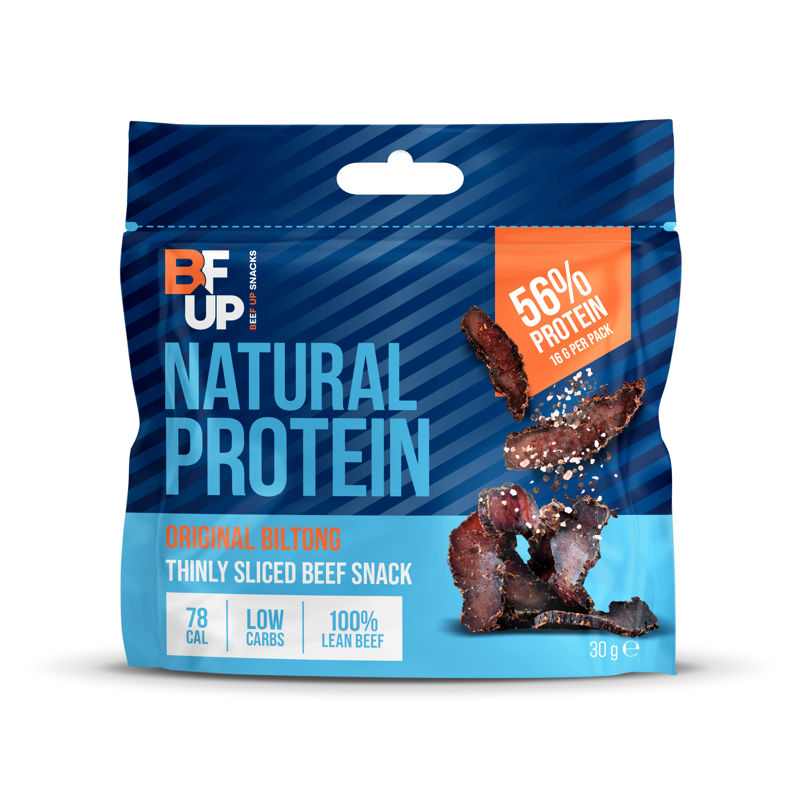 30g snack bag of original flavoured biltong, manufactured by BFUP. 