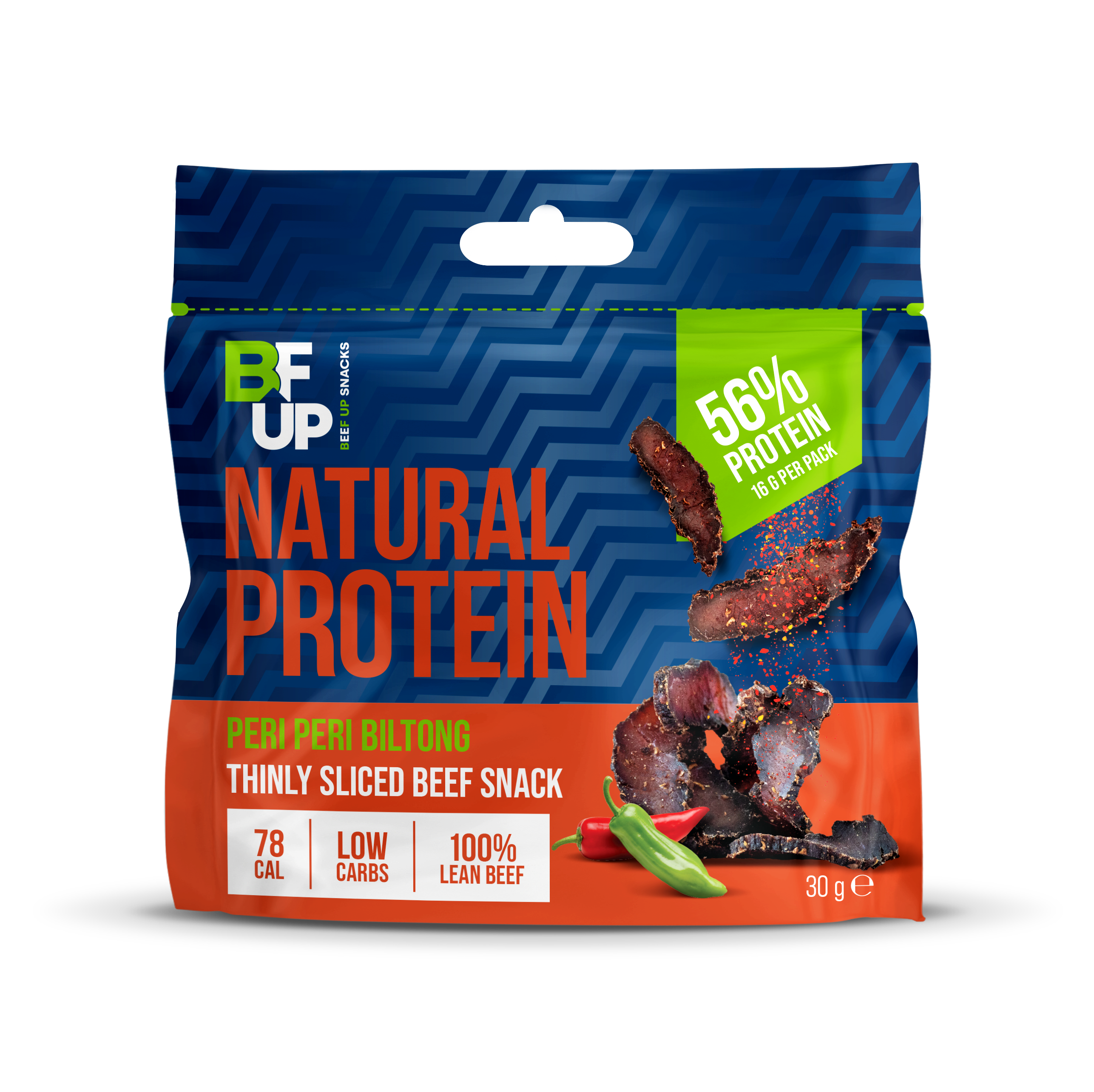 30g snack bag of Peri Peri flavoured biltong, manufactured by BFUP. 