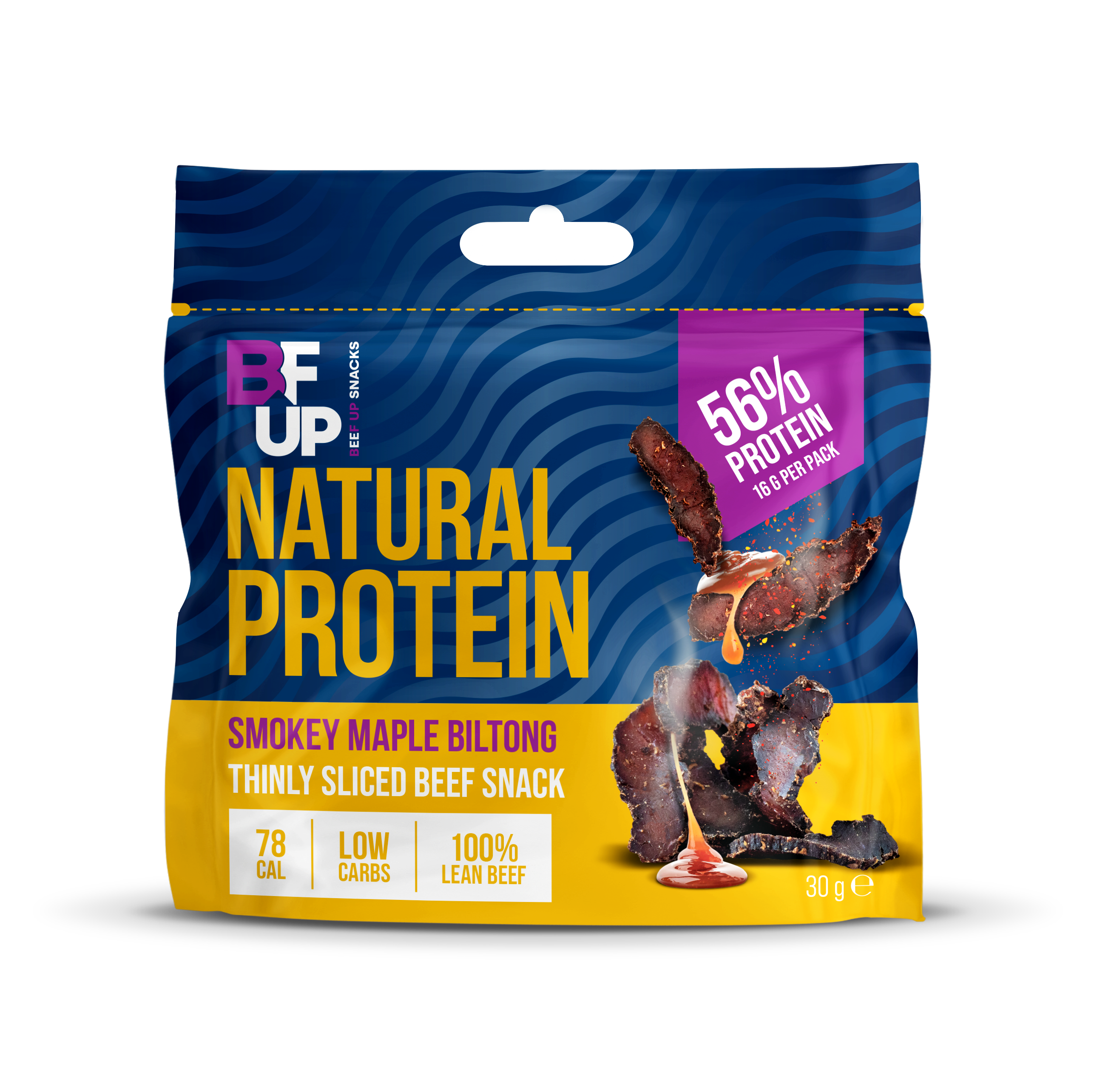 30g snack bag of Smokey Maple flavoured biltong, manufactured by BFUP.
